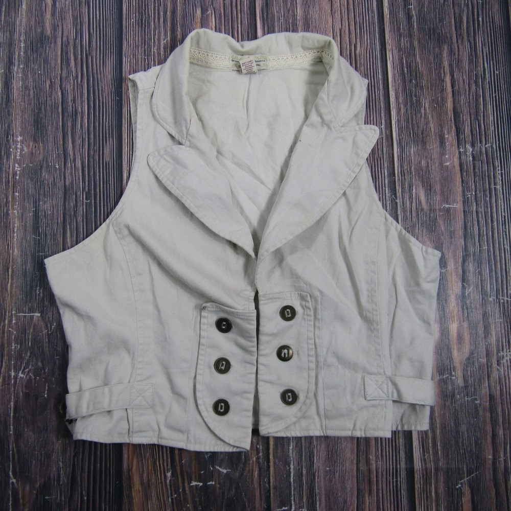 Miss Bisou Vest Juniors L Beige Twill Collared Button Front Buckle Cropped